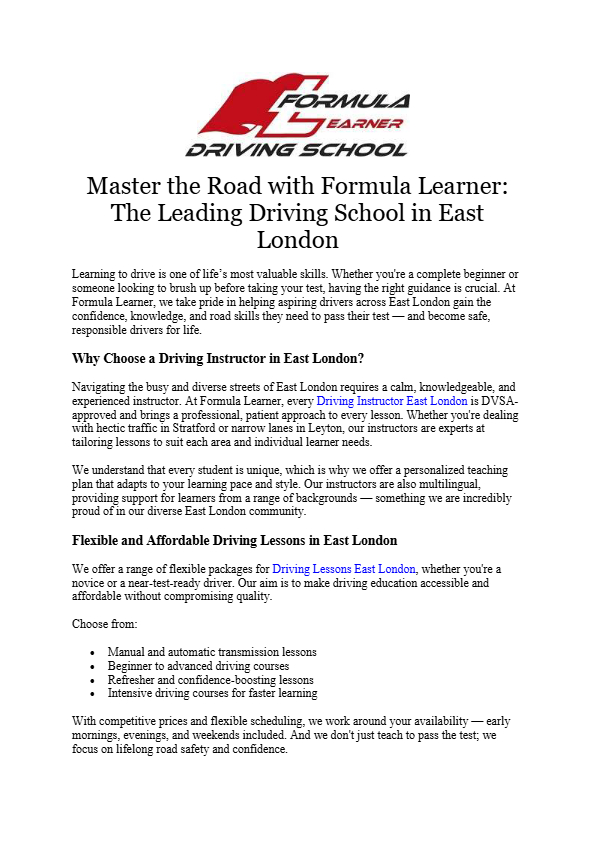 Télécharger Master the Road with Formula Learner The Leading Driving School in East London.pdf gratuitement