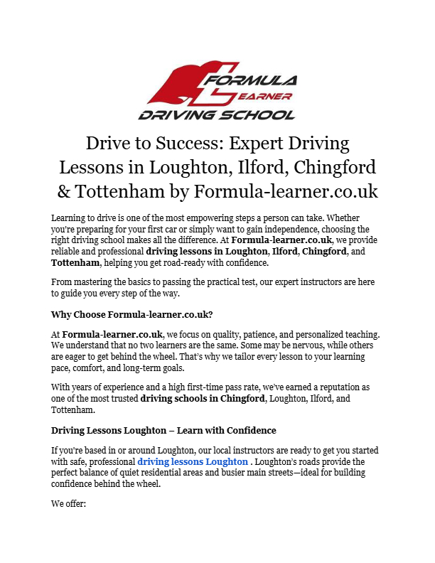 Télécharger Drive to Success_ Expert Driving Lessons in Loughton, Ilford, Chingford & Tottenham by Formula-learner.pdf gratuitement